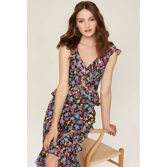 Amur Dress Women 2 Black Pink Blue Evita Maxi Floral Print Chiffon V Neck Ruffle - Picture 1 of 13